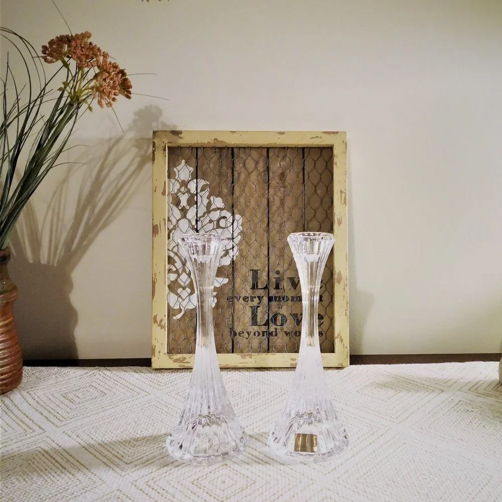 Vintage Mikasa Park Lane Crystal Candlestick‎ Holders Pair 8”x 3